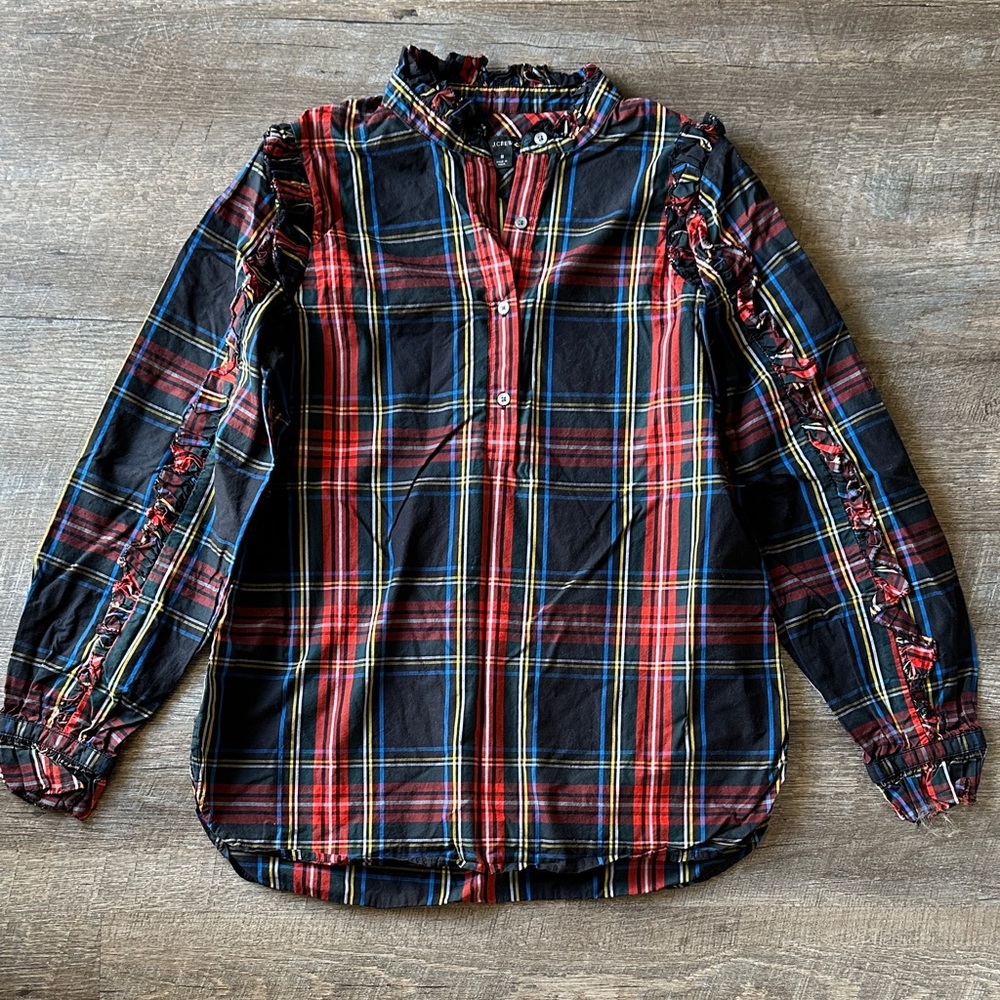 J. Crew Tartan Plaid Button-Up Shirt with Ruffle Details